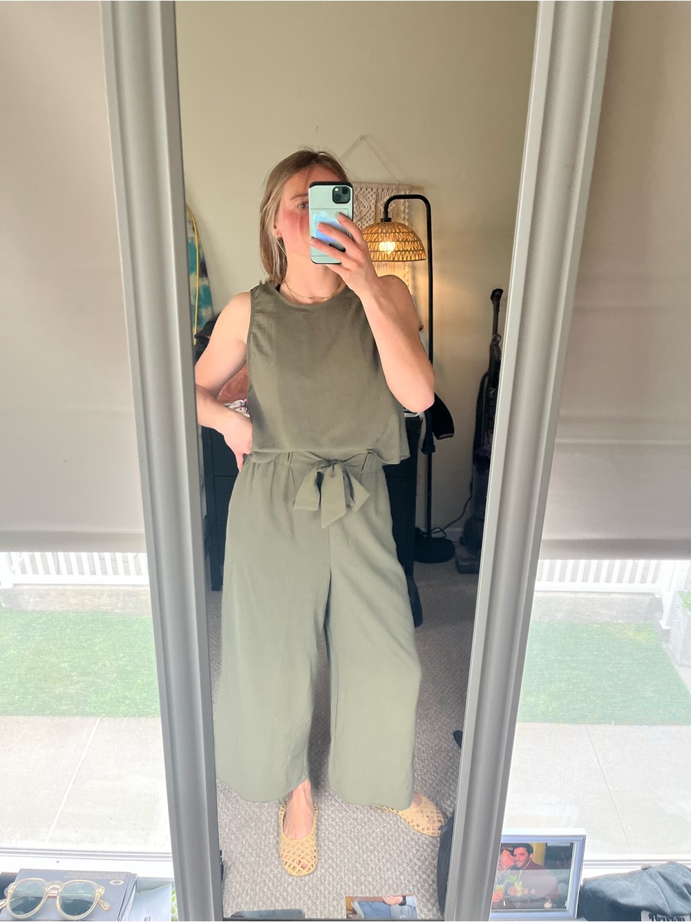 Mango Olive Green Sleeveless Wide-Leg Set with Tie Waist